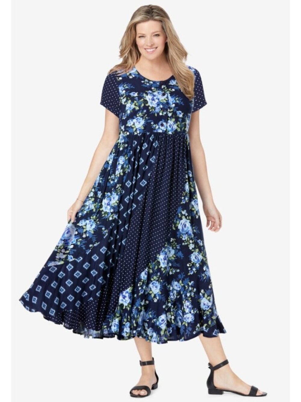 Woman Within Blue Mixed Print Floral Polka Dot Patchwork Maxi Long Dress Sz 32W
